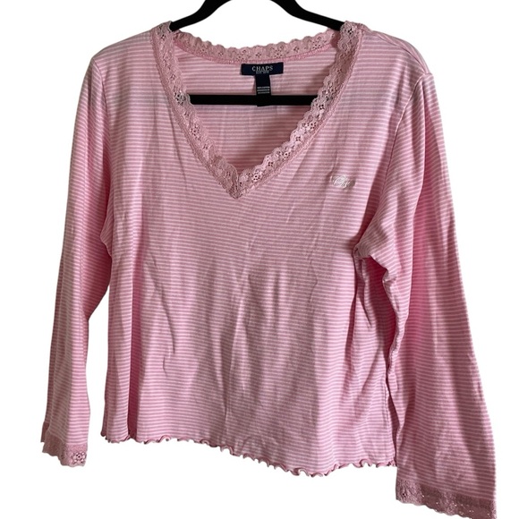 CHAPS SZ XL pink/white Stripe Long Sleeve Shirt W/ Lace Top Blouse - Picture 9 of 9